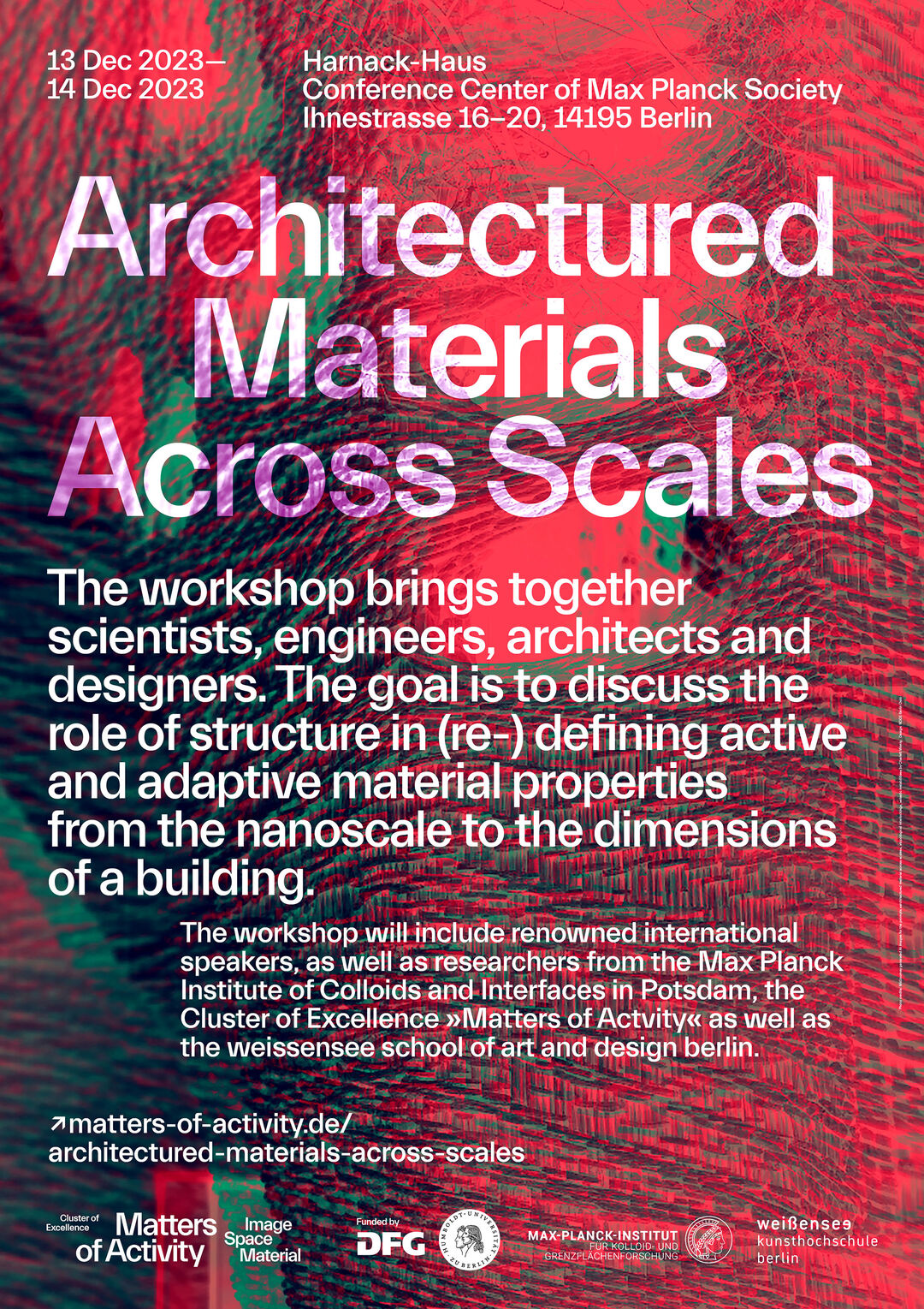 MidJourney generated AI images for the prompts »architectured material across scales«, »topological interlocking«, »elastic instabilities« by Charlett Wenig | Poster Design: Node Berlin Oslo
